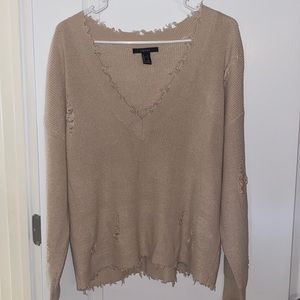 beige, distressed, v- neck sweater , soversized